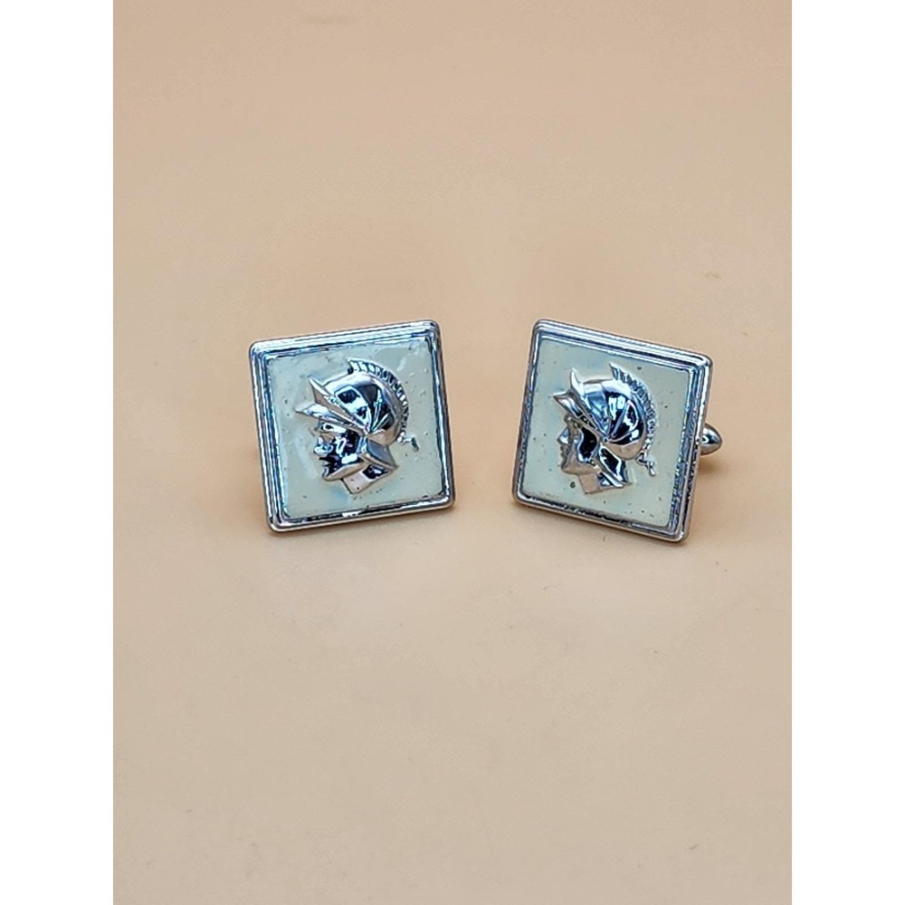 74 Yr Old Vtg SWANK USA Roman Soldier Cameo Cufflinks Silver Tone Cream Enamel‎